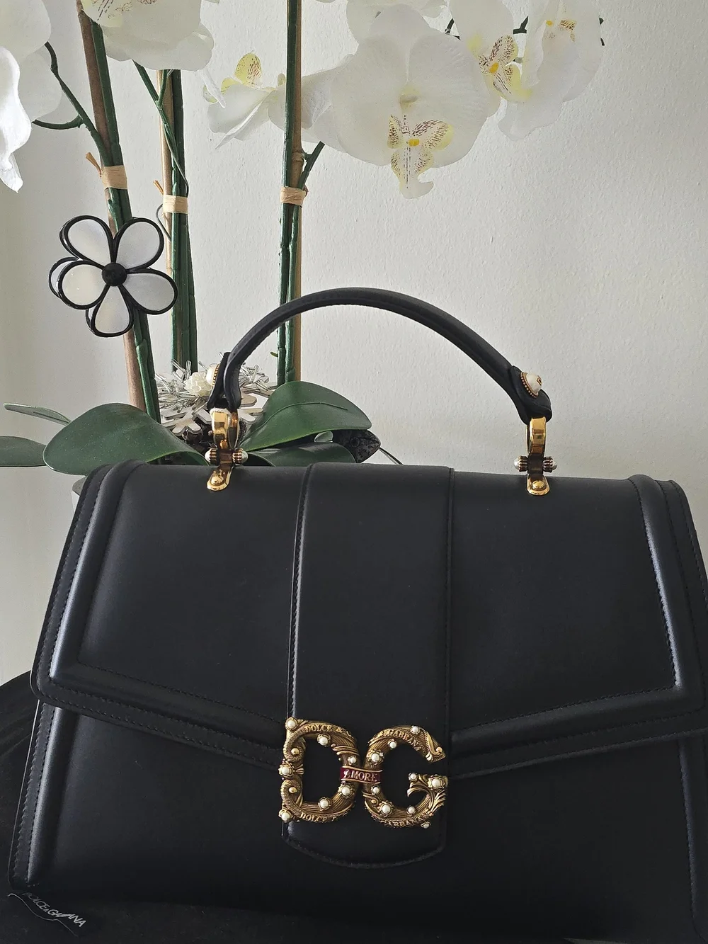 AUTH Dolce & Gabbana Amore Black Leather Top-Handle with Gold DG Logo, New